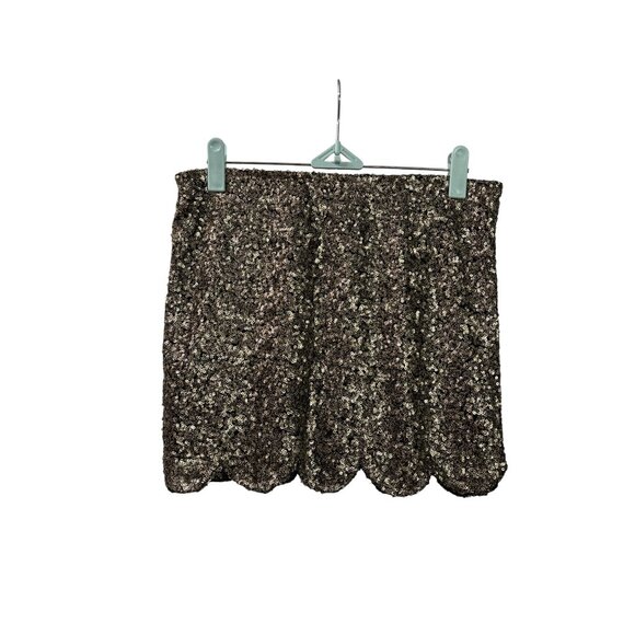 English Rose Gold Sequin Mini Skirt Scalloped Hem Size S Elastic Waist - Picture 1 of 4